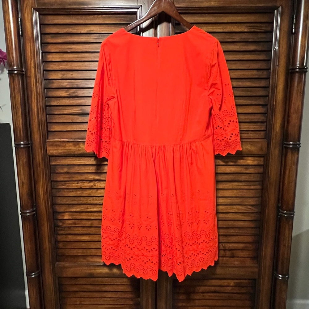 Madewell 153436 Women's Eyelet Lattice Dress V-Neck Bright Poppy Red Sz. 12 - Picture 4 of 14
